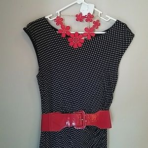 Loft Side Rouched Navy Polka Dot Dress petit large